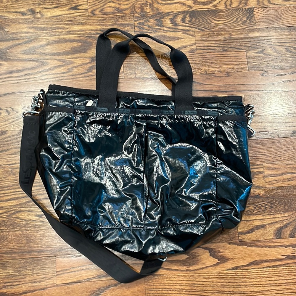 Lesportsac Black Shiny Nylon Tote with Shoulder Strap
